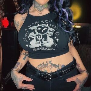 SWIXXZ Lil Devil Black Halter crop Top - Screen Printed